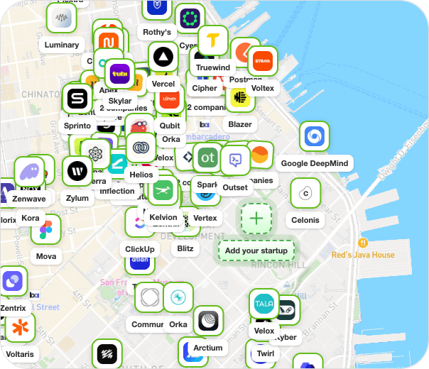 Map view showing clustered startup pins