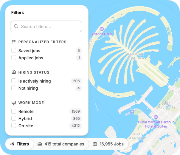Filters panel over the map